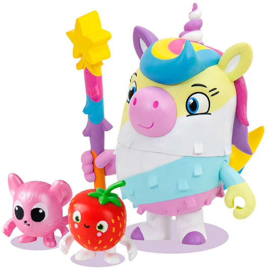Colorful unicorn character with yellow head, blue horn, and rainbow mane, holding a yellow star wand, shown with pink cat and red strawberry companion figures