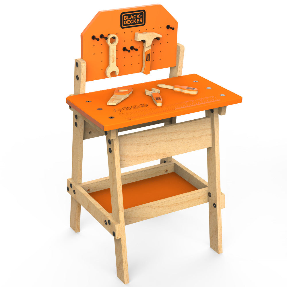 Black & Decker wooden workbench with orange top and backboard, natural wood legs, includes toy hammer, wrench, and saw tools