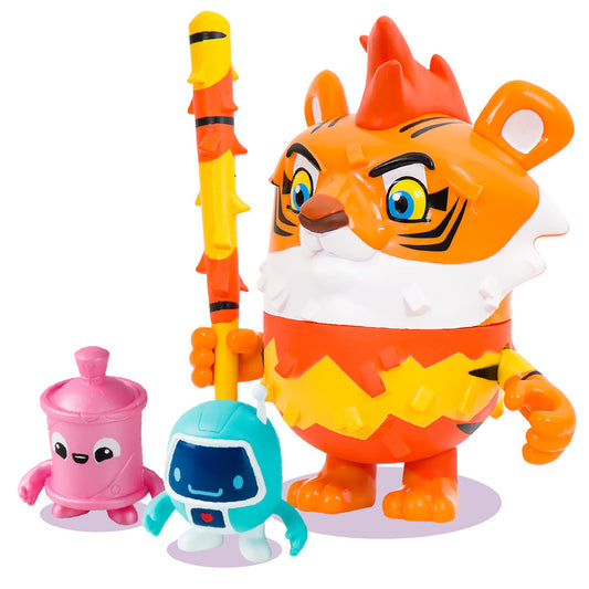 Pinata Smashlings Mo the Tiger figurine set with orange tiger character, pink pot, turquoise robot, and yellow-red stacking pole toy