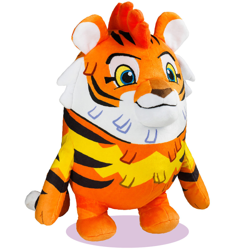 Orange and yellow plush tiger character with white face, black stripes, and red mane standing on plain background