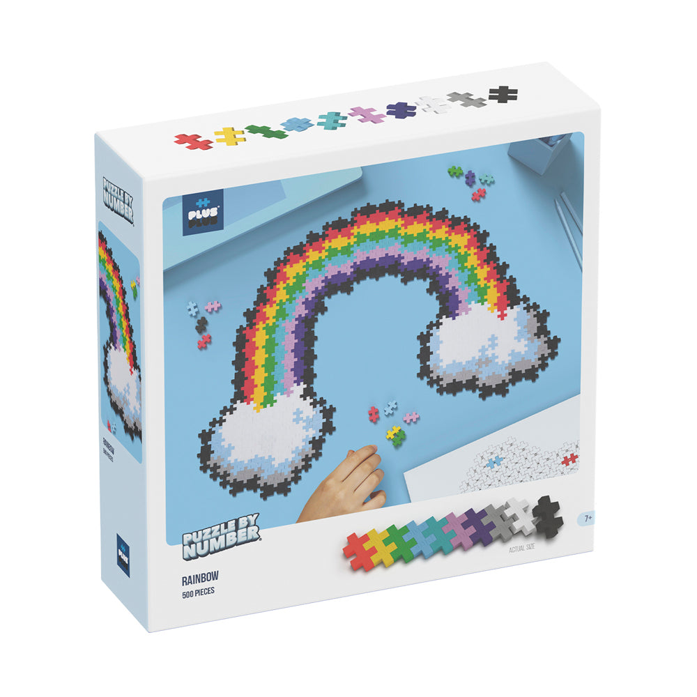 Plus-Plus Puzzle By Number Rainbow 500-piece jigsaw puzzle box showing pixelated rainbow and clouds design with colorful plastic puzzle pieces