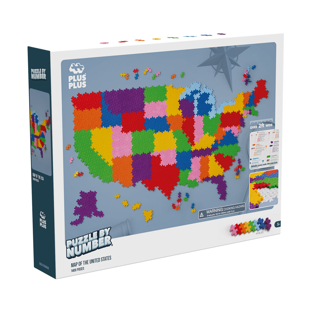 Plus-Plus USA Map Puzzle by Number building set showing colorful pixelated United States map with individual foam pieces, 1400 pieces total, on package display