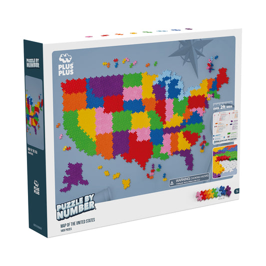 Plus-Plus USA Map Puzzle by Number building set showing colorful pixelated United States map with individual foam pieces, 1400 pieces total, on package display