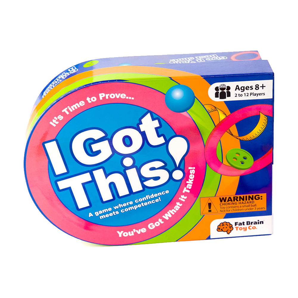 I Got This! board game box by Fat Brain Toy Co., ages 8+, for 2 to 12 players, featuring colorful circular design with blue center and pink ring