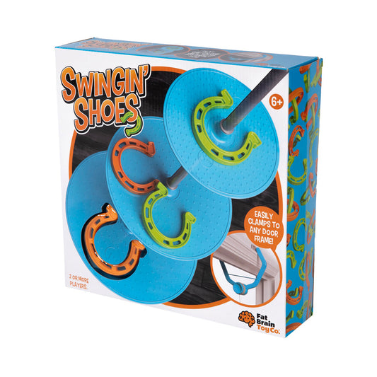 Swingin' Shoes horseshoe toss game with blue discs, orange and yellow horseshoe rings, and pole attachment for door frame