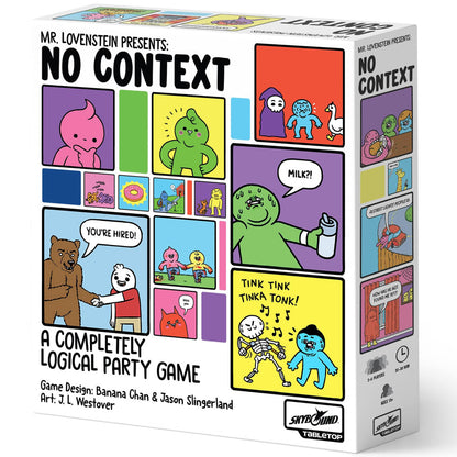 Mr. Lovenstein Presents: No Context party game box showing colorful comic panels with absurd characters and situations, including a bear saying "you're hired" a