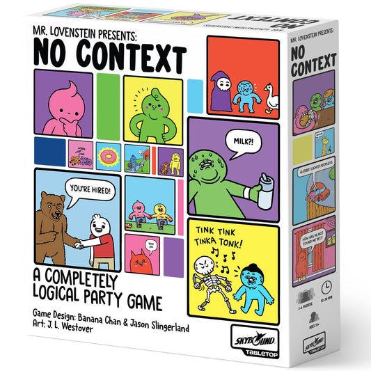 Mr. Lovenstein Presents: No Context party game box showing colorful comic panels with absurd characters and situations, including a bear saying "you're hired" a