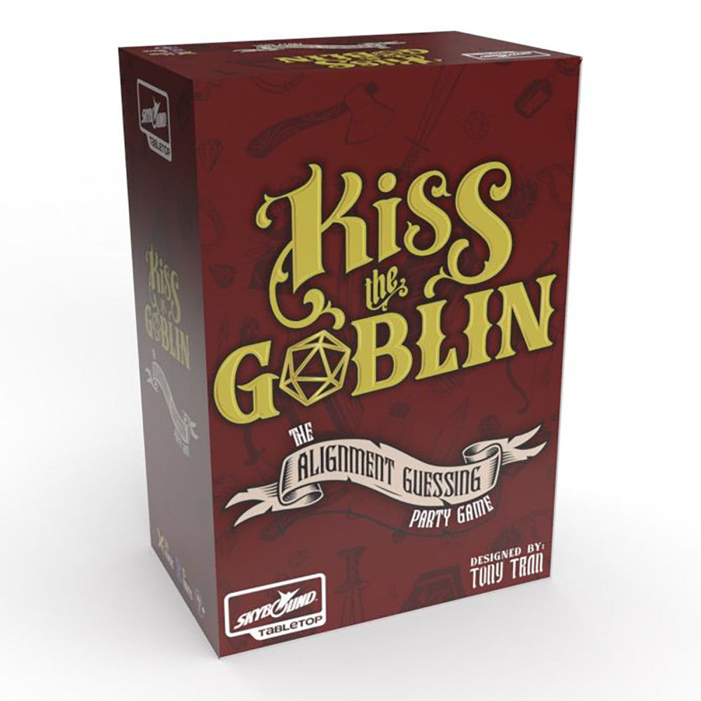 Kiss the Goblin: The Alignment Guessing Party Game box with burgundy background, gold lettering, and fantasy-themed illustrations