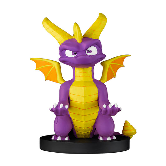 Purple and yellow dragon figure with horns, wings, and clawed feet on a black base, designed as a device holder