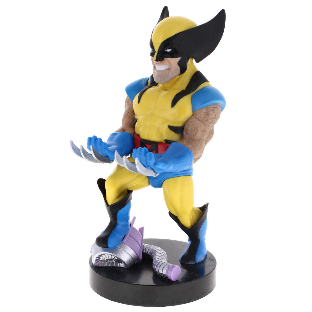Wolverine action figure in yellow and blue costume with black mask and claws, mounted on black circular base as device holder