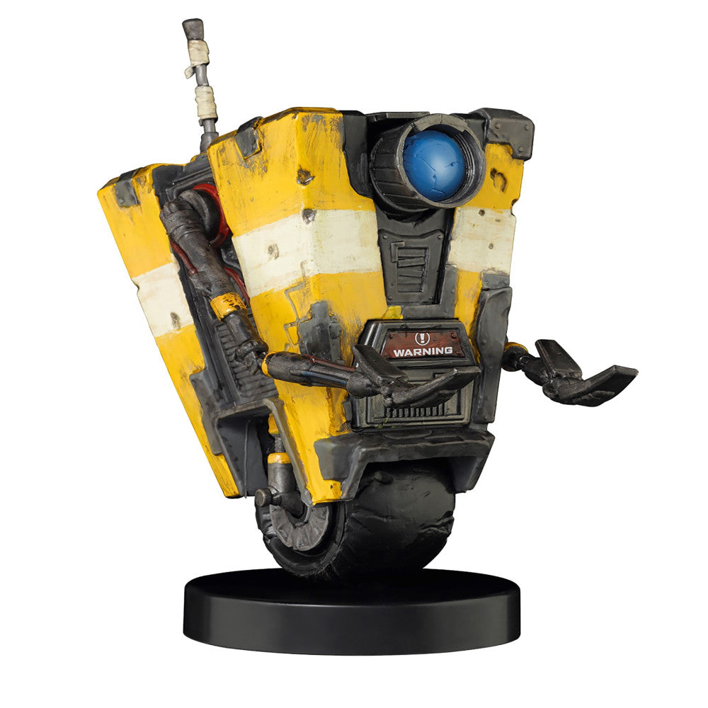 Yellow and white robot character with blue eye and articulated black arms on black base, modeled after Claptrap from Borderlands