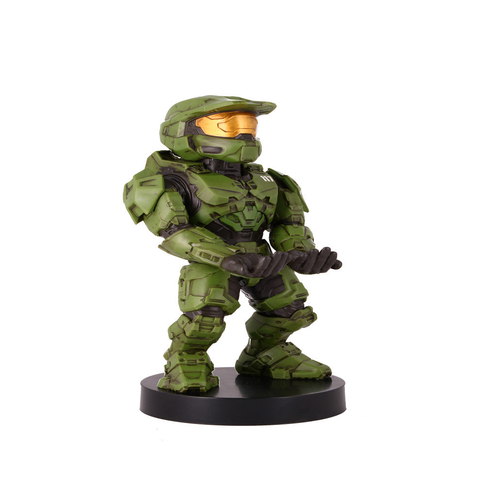 Green armored Master Chief action figure with gold visor and black accents, standing on a black circular base