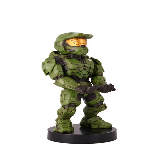 Green armored Master Chief action figure with gold visor and black accents, standing on a black circular base
