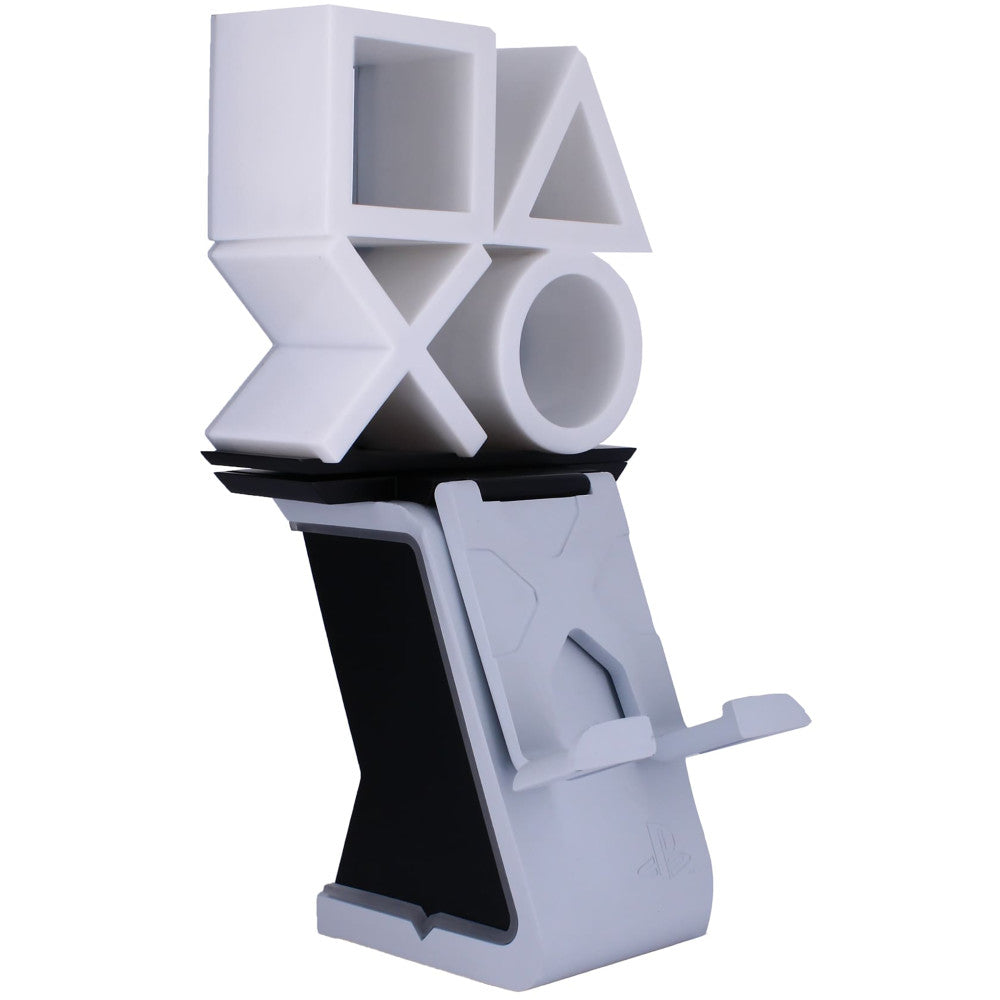 White and blue PlayStation logo controller and phone holder with light-up LED features on plain background