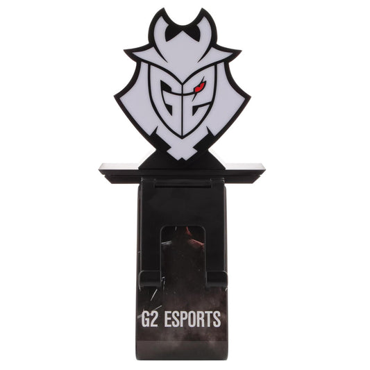Gray and black samurai-style character bust with red eyes mounted on black base labeled G2 Esports, serving as a phone charging stand