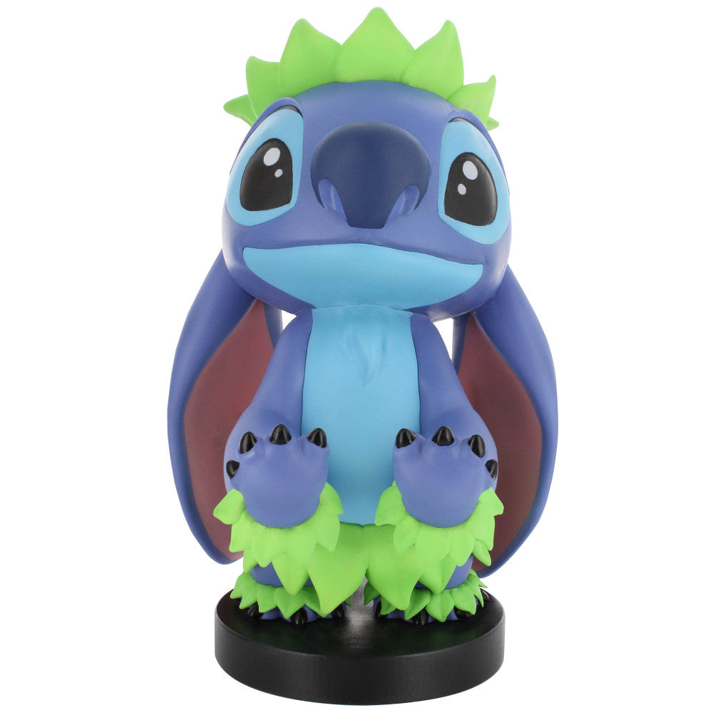Blue plush character with green spiky hair and crown, light blue belly, red cape, and green grass skirt on black base