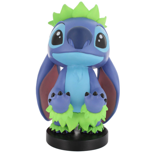 Blue plush character with green spiky hair and crown, light blue belly, red cape, and green grass skirt on black base