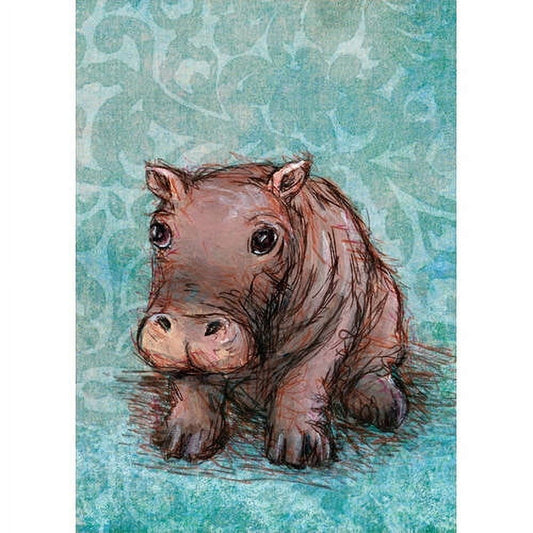 Illustration of a brown hippo with large eyes on a textured turquoise background, from Oopsy Daisys Little Hippo Baby Board Book