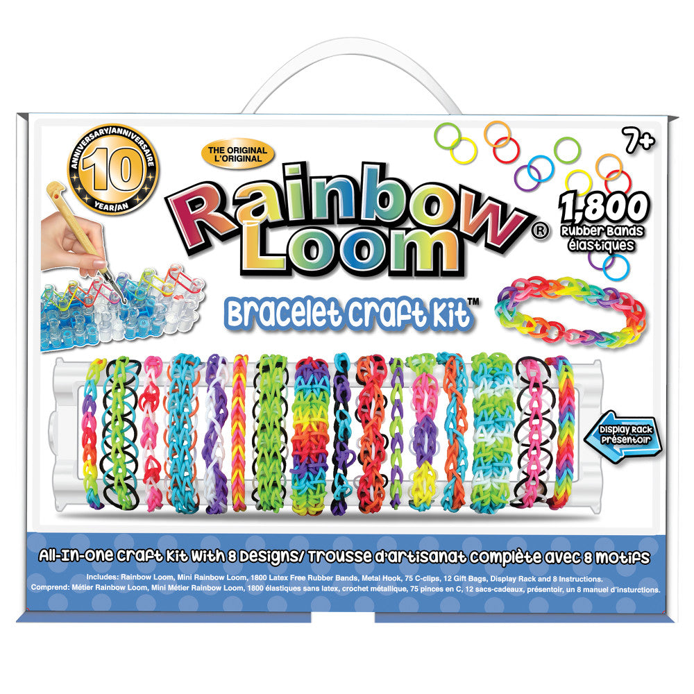 Rainbow Loom Bracelet Craft Kit packaging showing colorful rubber band bracelets, 1800 latex-free bands, loom tool, and display rack