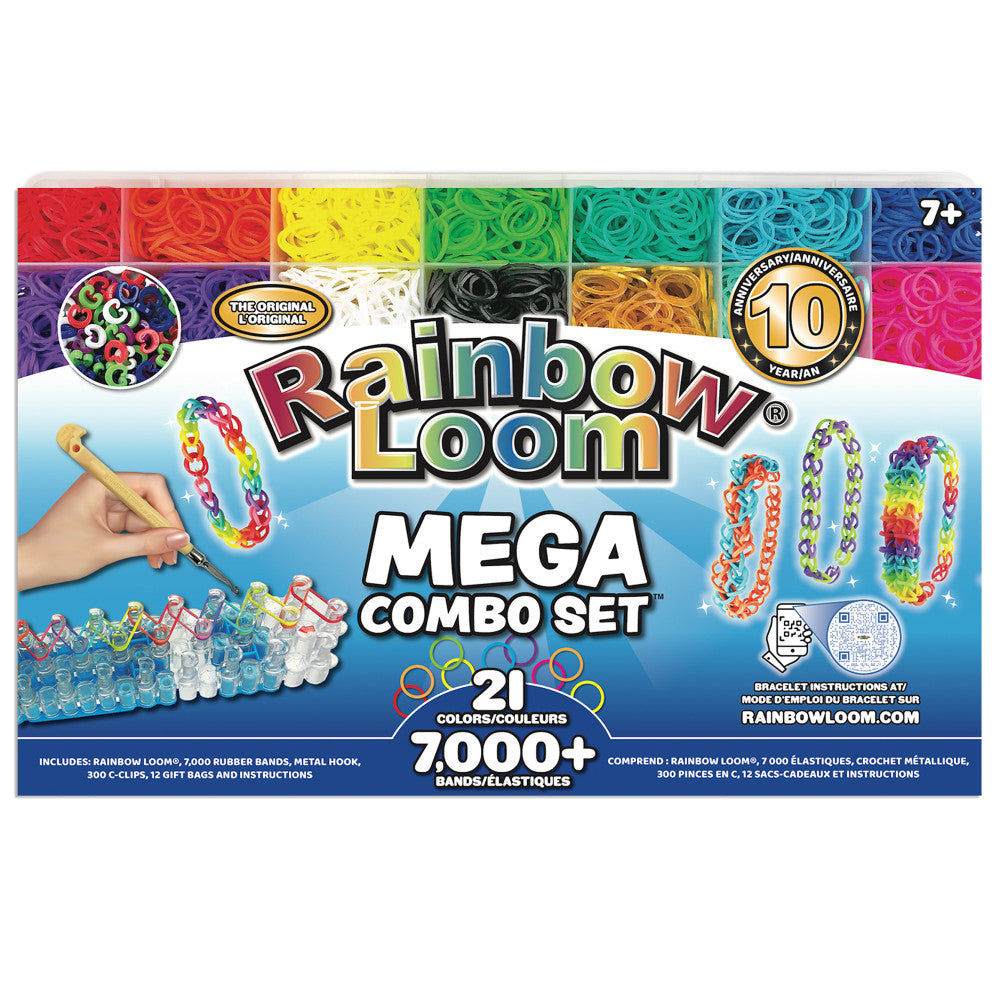 Rainbow Loom MEGA Combo Set box showing colorful rubber bands, finished bracelets, loom tool, and packaging text stating 7,000+ bands in 21 colors