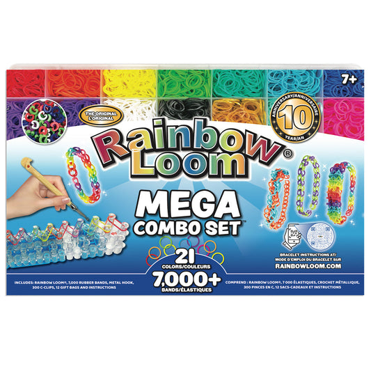 Rainbow Loom MEGA Combo Set box showing colorful rubber bands, finished bracelets, loom tool, and packaging text stating 7,000+ bands in 21 colors