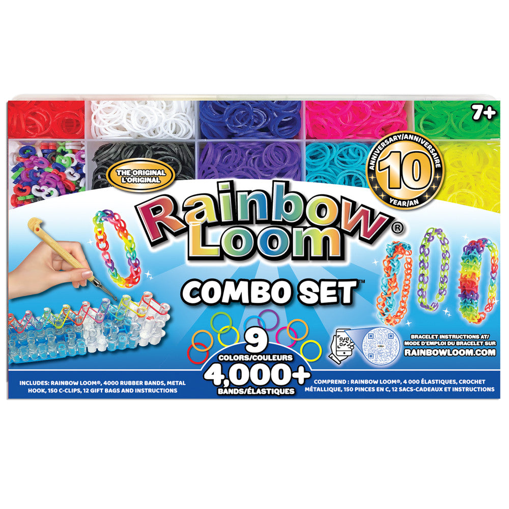 Rainbow Loom Combo Set 10 Year Anniversary box showing colorful rubber bands, finished bracelets, metal hook, and included supplies for bracelet making