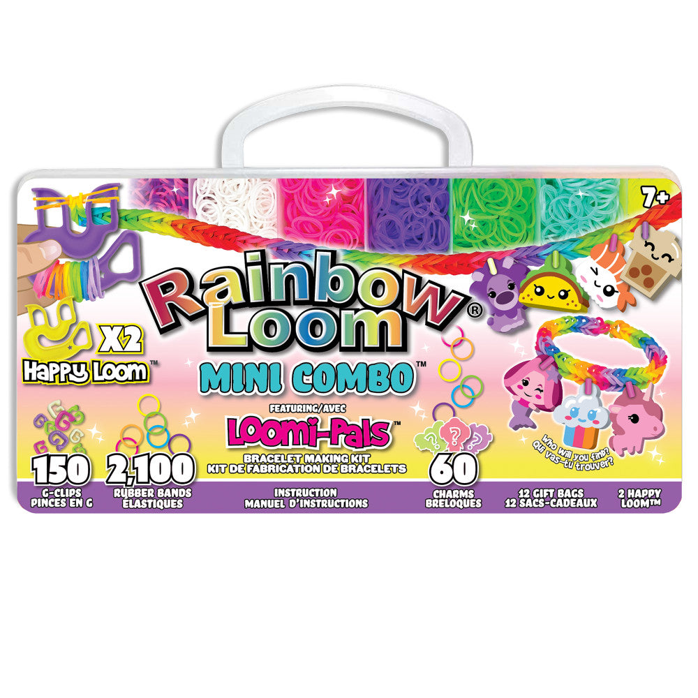 Rainbow Loom Mini Combo bracelet making kit with colorful rubber bands, C-clips, Loomi-Pals charms, and accessories in a carrying case