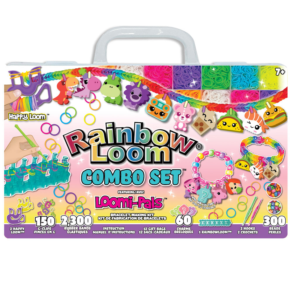 Rainbow Loom Combo Set featuring Loomi-Pals with colorful rubber bands, charms, and bracelet-making accessories in a carrying case