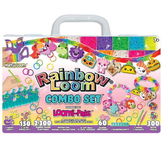 Rainbow Loom Combo Set featuring Loomi-Pals with colorful rubber bands, charms, and bracelet-making accessories in a carrying case