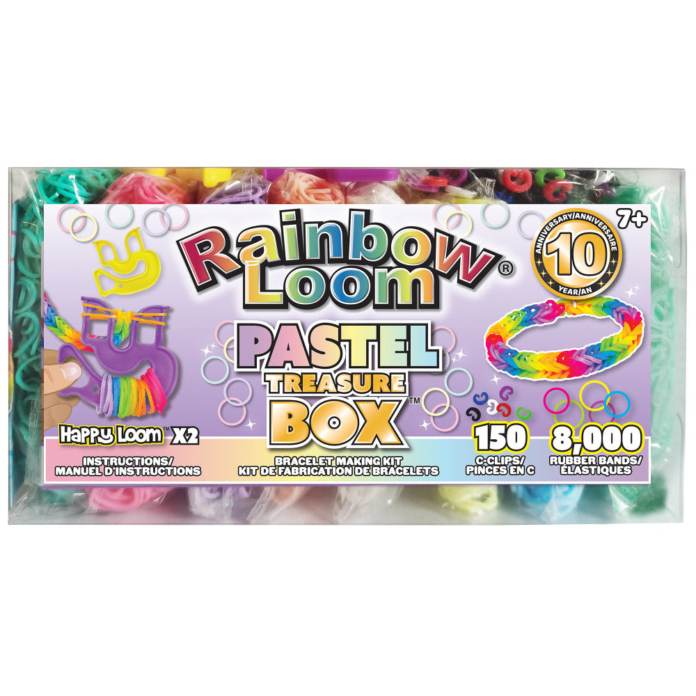 Rainbow Loom Pastel Treasure Box bracelet making kit with 150 C-clips and 8,000 rubber bands, includes 2 Happy looms