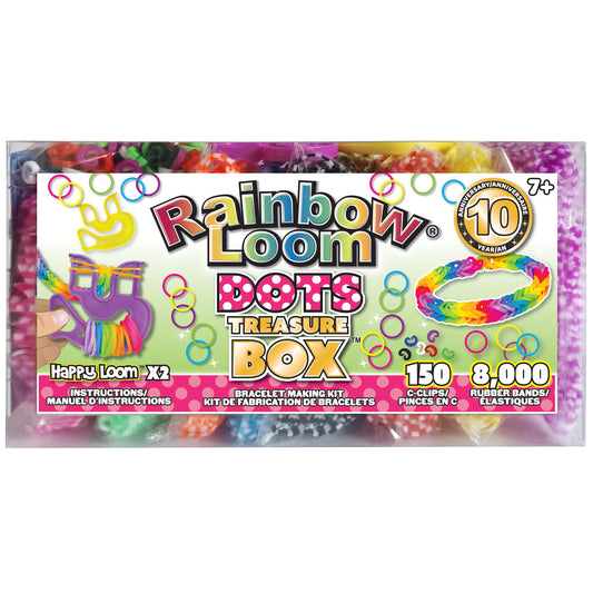 Rainbow Loom Dots Treasure Box bracelet-making kit with Happy Loom looms, 150 C-clips, and 8,000 rubber bands in assorted colors