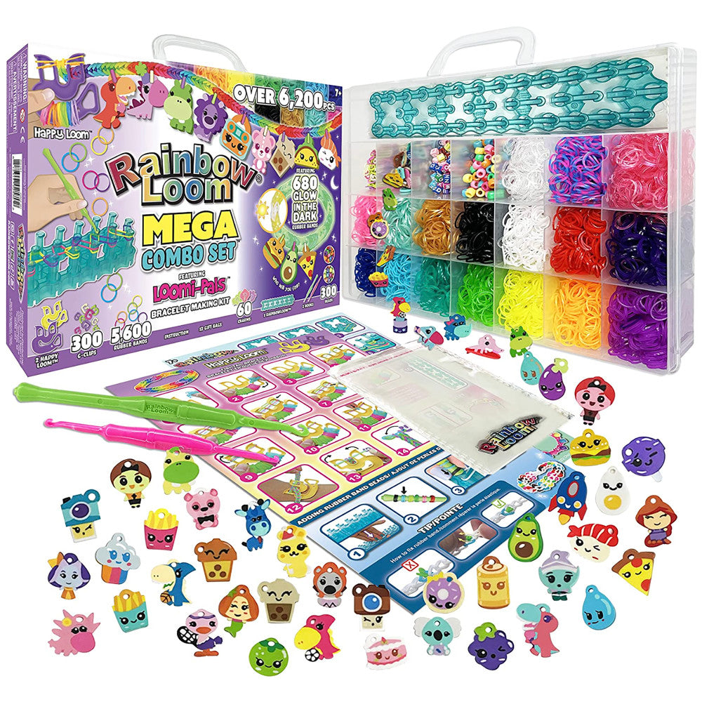Rainbow Loom Mega Combo Set featuring colorful rubber bands in clear storage organizer, loom tools, instruction cards, and dozens of glow-in-the-dark Loomi-Pals