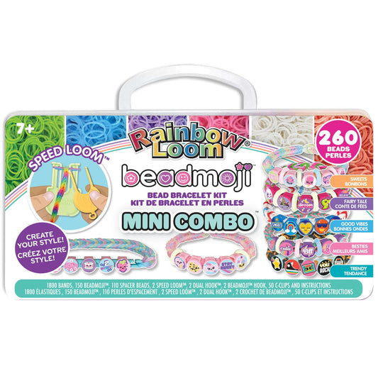 Rainbow Loom Beadmoji Mini Combo bead bracelet kit with 260 beads, featuring colorful emoji beads, speed loom tools, and elastic bands in a carrying case