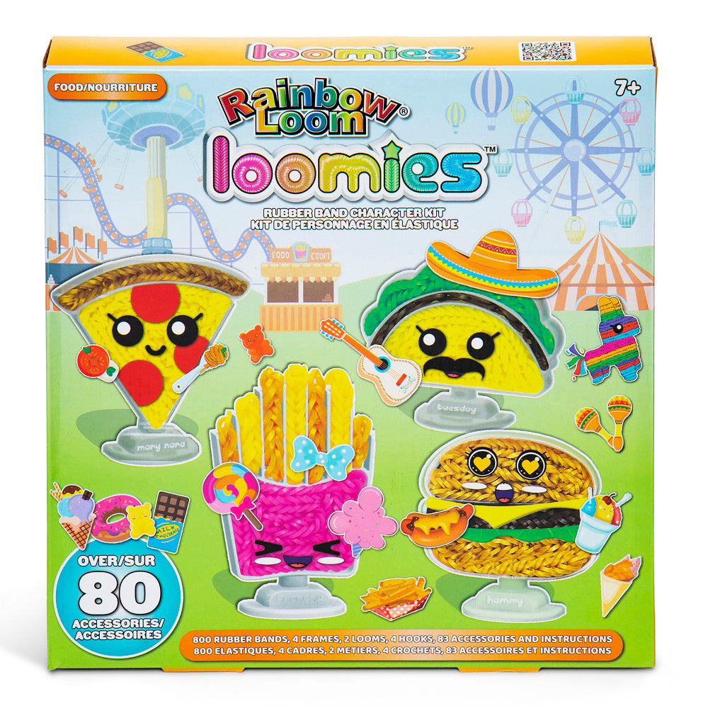 Rainbow Loom Loomies Food Figurines Craft Kit box showing colorful food character designs including pizza, taco, and hamburger with over 80 accessories