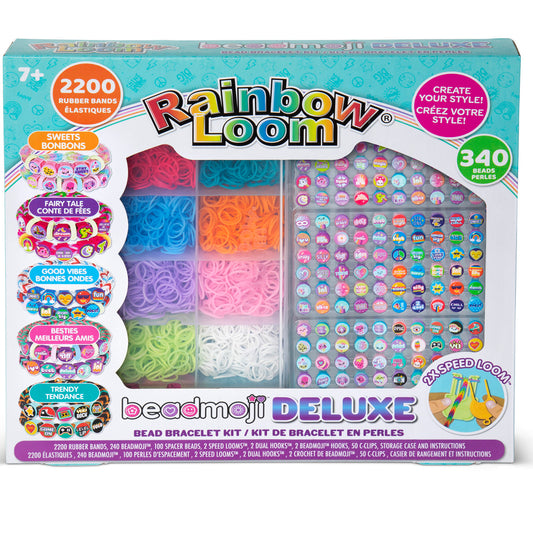 Rainbow Loom Beadmoji Deluxe bead bracelet kit with 2200 rubber bands, 340 beads, colored rubber band organizer, and emoji charms for creating jewelry