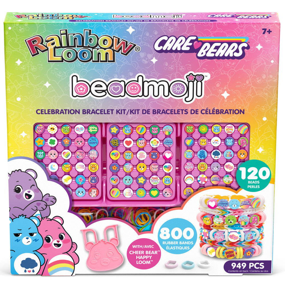Rainbow Loom Beadmoji Care Bears Celebration Bracelet Kit with 120 beads, 800 rubber bands, and pink bead organizer trays featuring colorful character beads and
