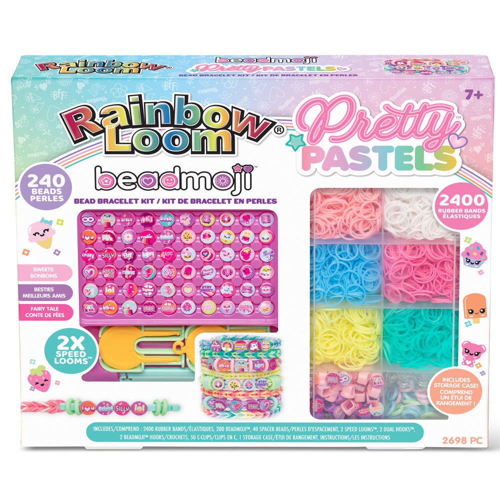 Rainbow Loom Beadmoji Pretty Pastels Bracelet Kit box showing 240 beads, 2400 rubber bands in pastel colors, 2 speed looms, and accessories for ages 7+