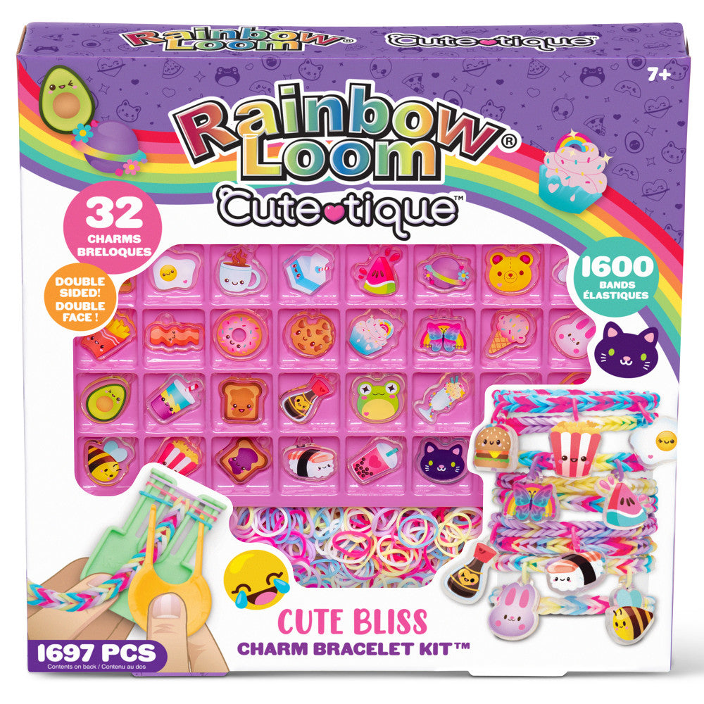 Rainbow Loom Cute-Tique Cute Bliss Charm Bracelet Kit box showing 32 charms, 1600 elastic bands, loom tool, and colorful braided bracelets with cute character d