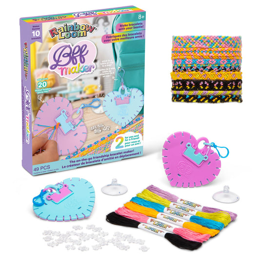 Rainbow Loom BFF Bracelet Maker kit with heart-shaped loom, colorful thread bundles, beads, and sample woven bracelets in rainbow patterns