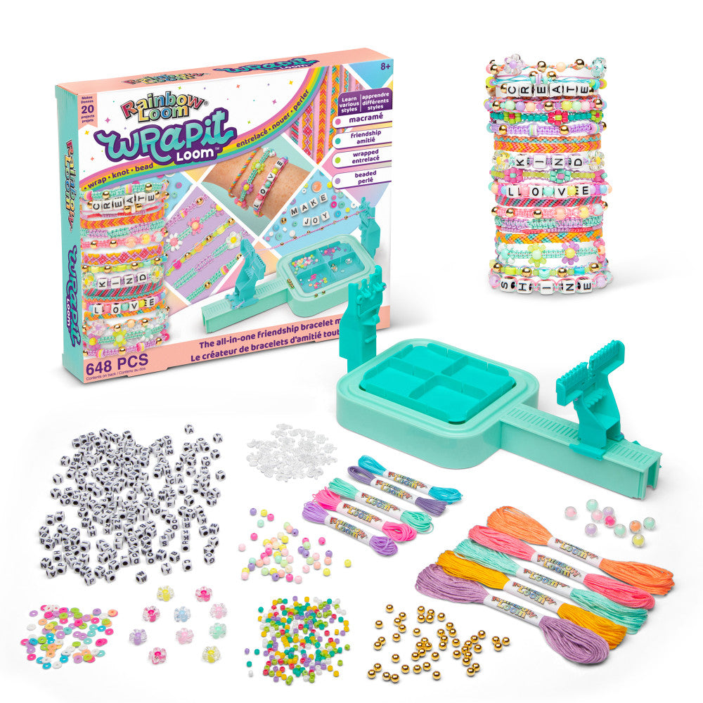 Rainbow Loom Wrapit Loom bracelet maker kit with turquoise loom tool, colorful embroidery floss, letter and symbol beads, pony beads, and finished friendship br