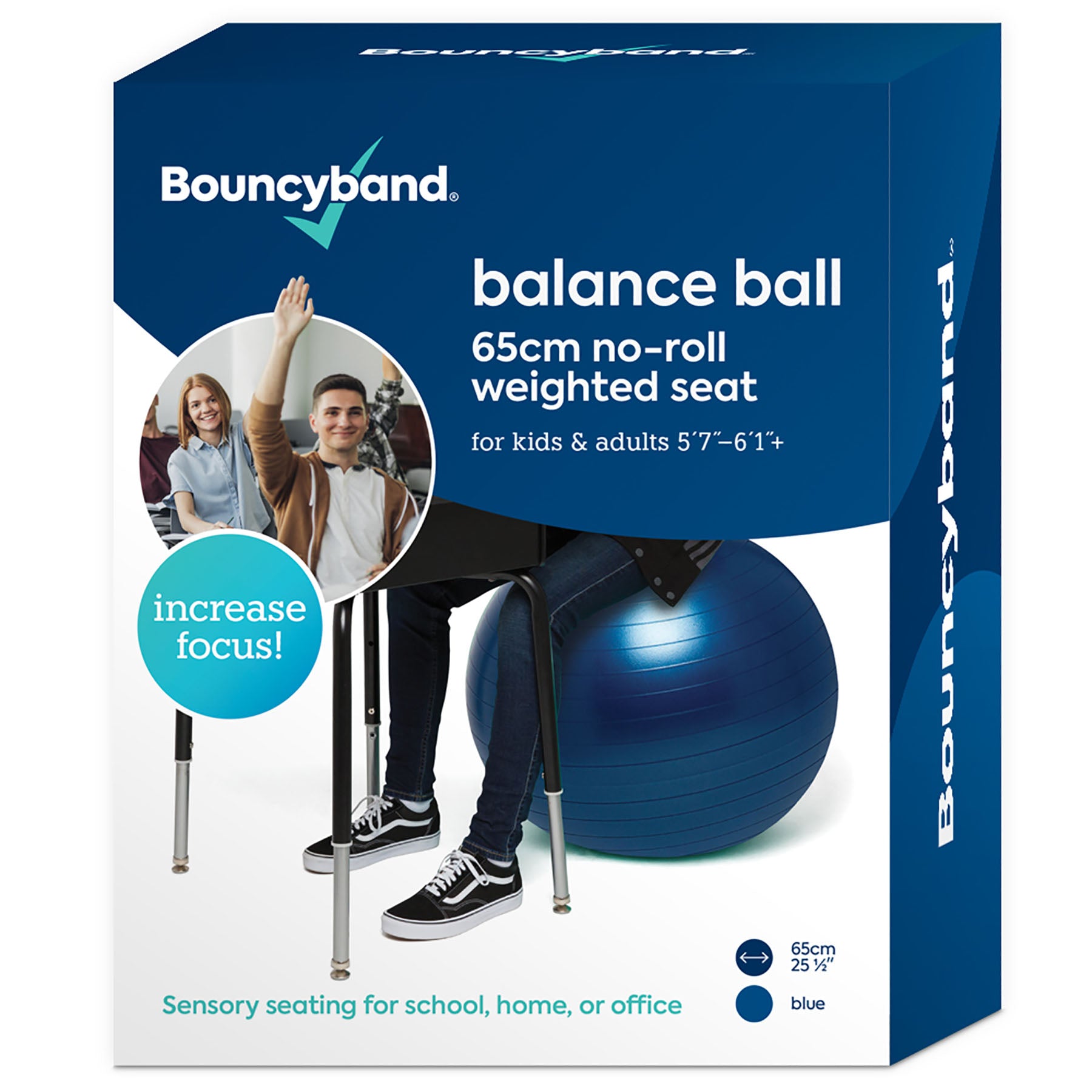 Bouncyband balance ball 65cm blue no-roll weighted seat shown on packaging with child and adult using it as sensory seating