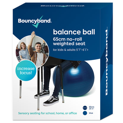 Bouncyband balance ball 65cm blue no-roll weighted seat shown on packaging with child and adult using it as sensory seating