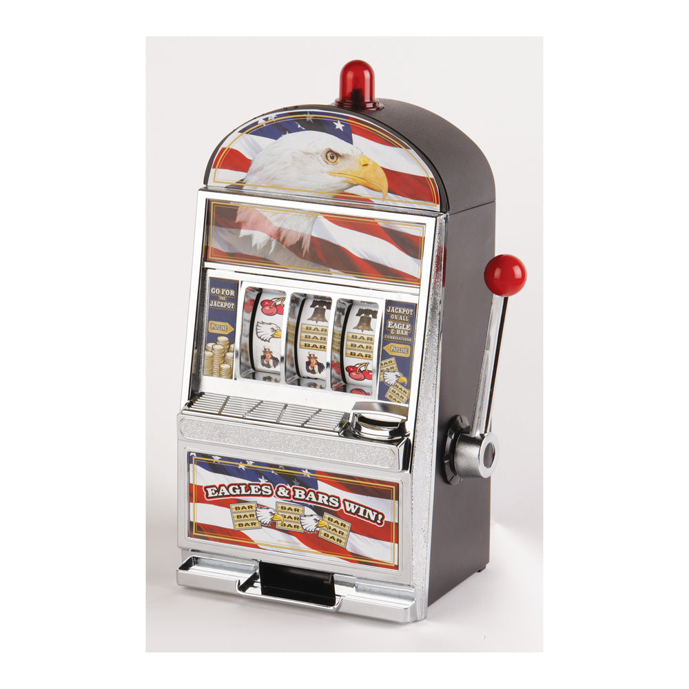 Jumbo slot machine savings bank with eagle and American flag design, red light on top, pull lever, and flashing casino-style display