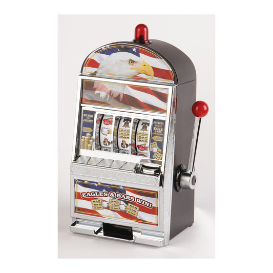 Jumbo slot machine savings bank with eagle and American flag design, red light on top, pull lever, and flashing casino-style display