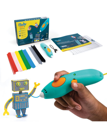 3Doodler Start+ Essentials set with turquoise 3D pen held in hand, colorful plastic filament strands, instruction guide, robot figure, and product packaging