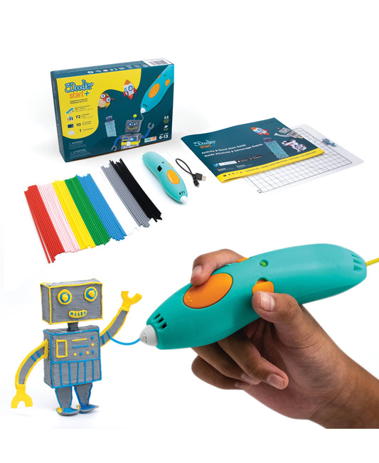 3Doodler Start+ Essentials set with turquoise 3D pen held in hand, colorful plastic filament strands, instruction guide, robot figure, and product packaging