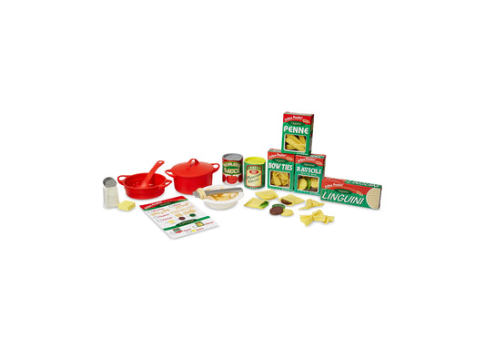Melissa & Doug Prepare & Serve Pasta Set with red cookware, pasta boxes, and accessories