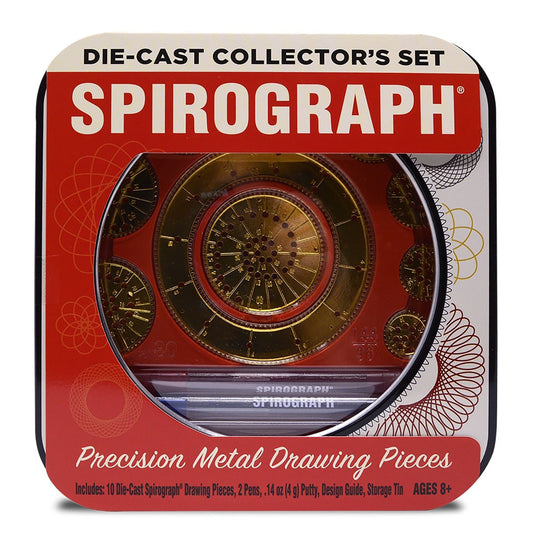 Spirograph die-cast collector's set with precision metal drawing pieces, gold and red tin box with concentric circular design wheels visible through clear windo