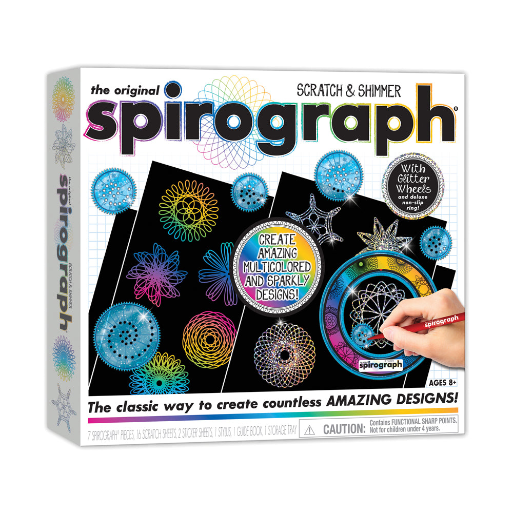 The Original Spirograph Scratch & Shimmer art set box showing geometric spiral designs in rainbow colors with glitter wheels, modeled by a child's hand using a