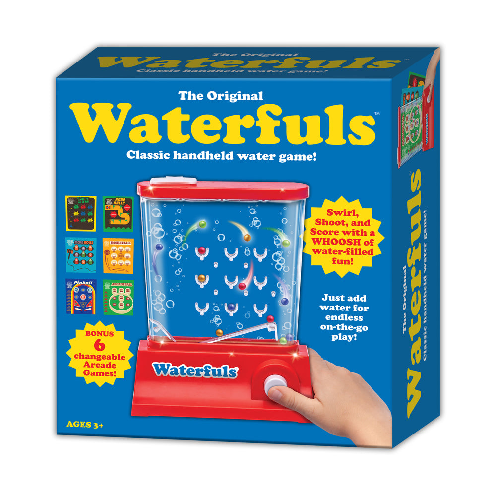 The Original Waterfuls classic handheld water game with red base and clear tank containing water, fish targets, and bubbles, modeled by a child's hand